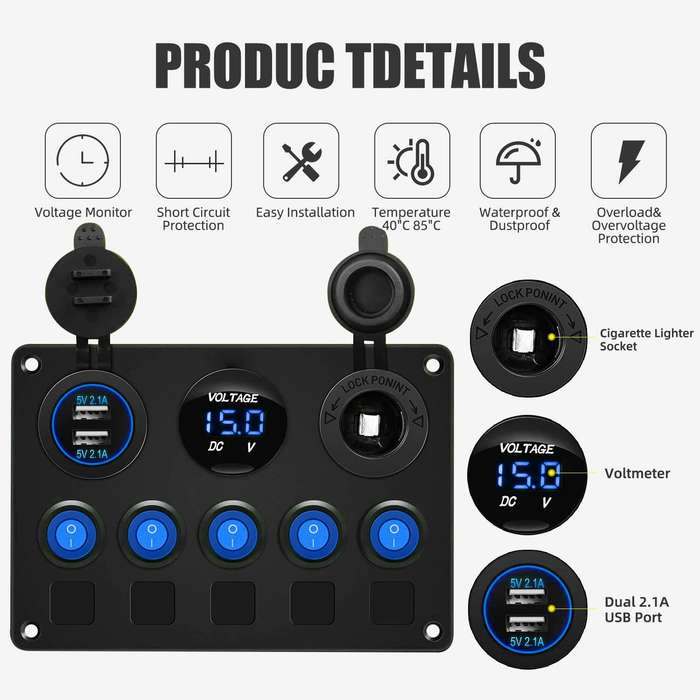 Red - 12V-24V Universal Switch Panel with USB & Voltmeter 5 Gang Rocker Switch Panel with Dual USB S