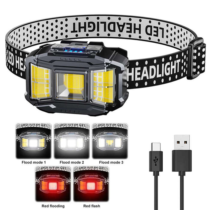 Black - COB LED Head Mounted Flashlight USB Charging Powerful Headlight Torch Power Display Camping