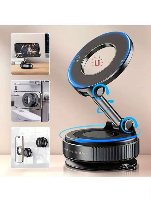 Black - 360 Rotate Foldable Car Mount Phone Holder Universal Vacuum Strong Magnetic Multifunctional