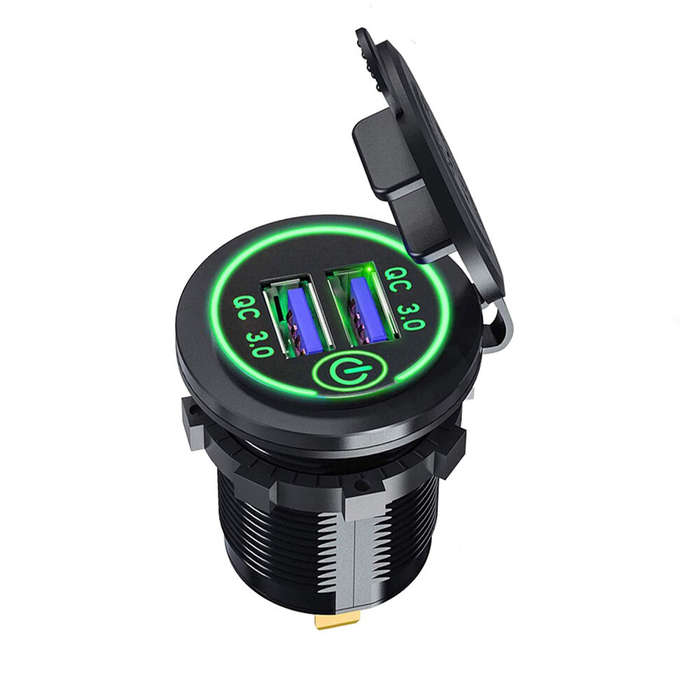 Green - 12-24V QC 3.0 Fast Dual USB Charger Touch Switch Waterproof Accessory For Motorcycle Car Tru