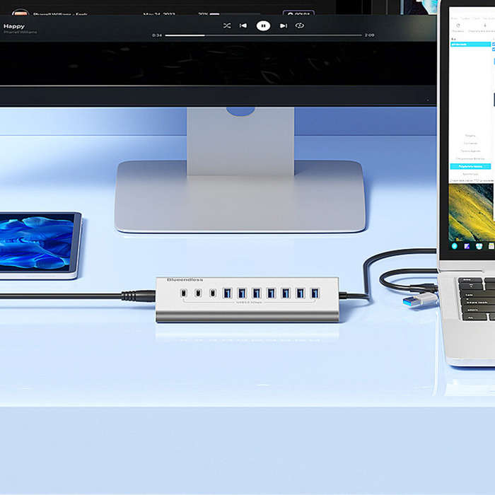 10 in 1 - HU105C 10-in-1 USB-A/Type-C Hub Docking Station USB Adapter with USB3.0-A*7 USB3.0-C*3 Mul