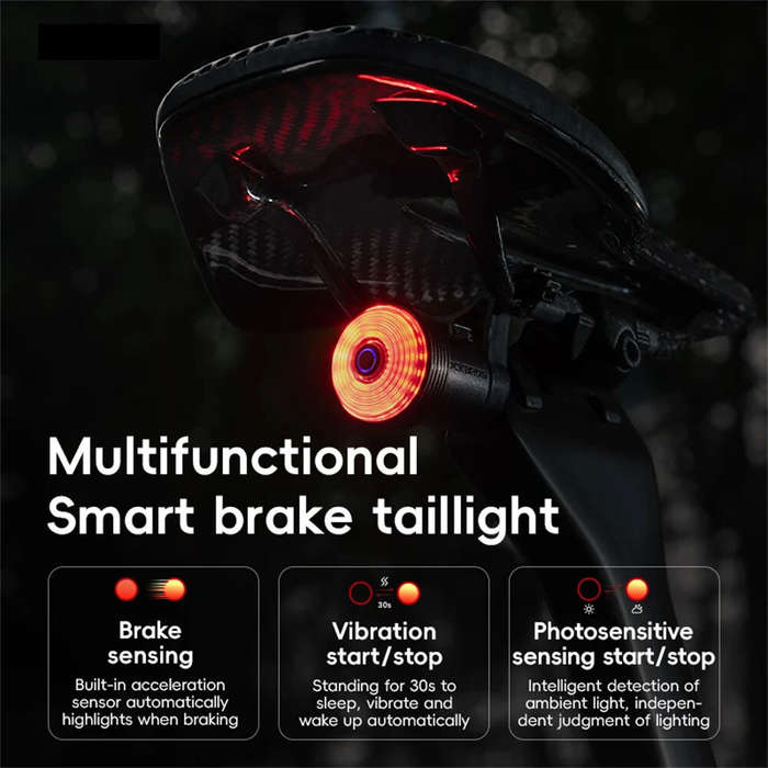 Black - ROCKBROS Q0 Qzero Bicycle Taillight Smart Auto High Brightness Brake Sensing Waterproof LED