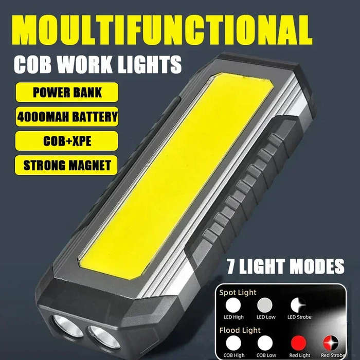 Black - Powerful XPE LED+COB Dual Light Sources Work Light 4000mAh Power Bank Flashlight TYPE-C Rech