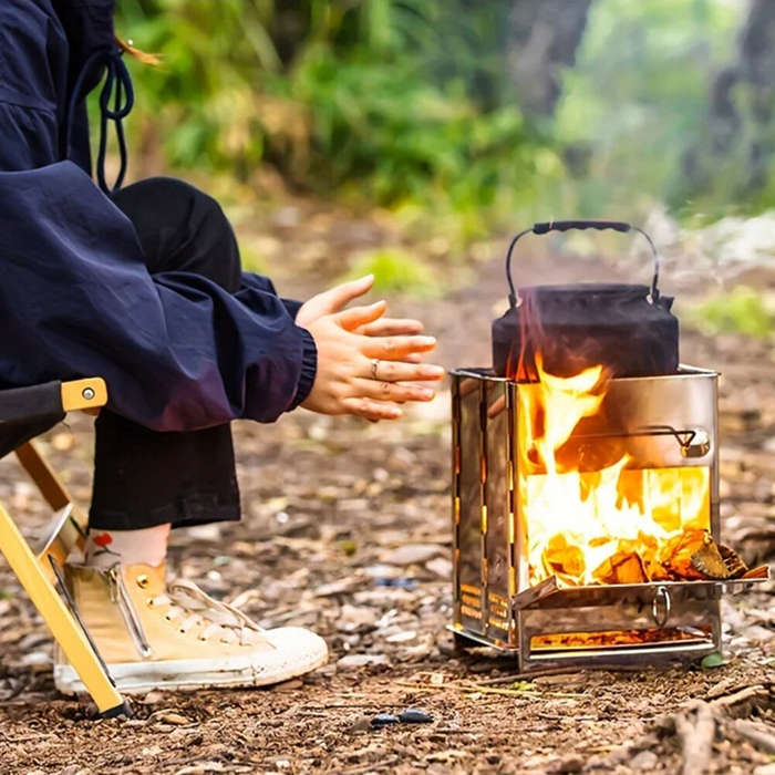 Silver - IPRee Folding Stainless Steel Oven Portable Wood Burner Camping Wood Stove Mini BBQ Grill C
