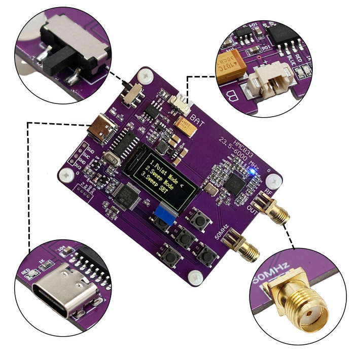 Purple - HMC833 6GHz RF Signal Generator 23.5MHz-6000MHz OLED Screen Adjustable Power Module Board