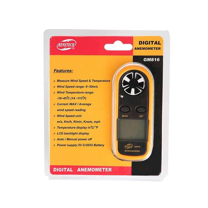 BENETECH GM816 Digital Anemometer Wind Speed Mini Air Airflow Temperature with LCD Backlight Wind Sp
