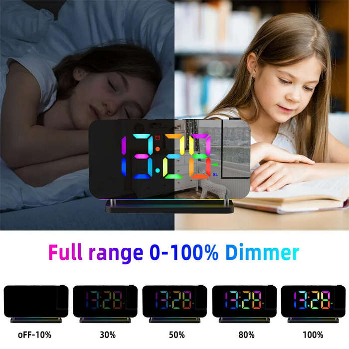 White - 180 Rotation RGB Colorful Night Light Radio Projection Clock Projection Digital Alarm Clock