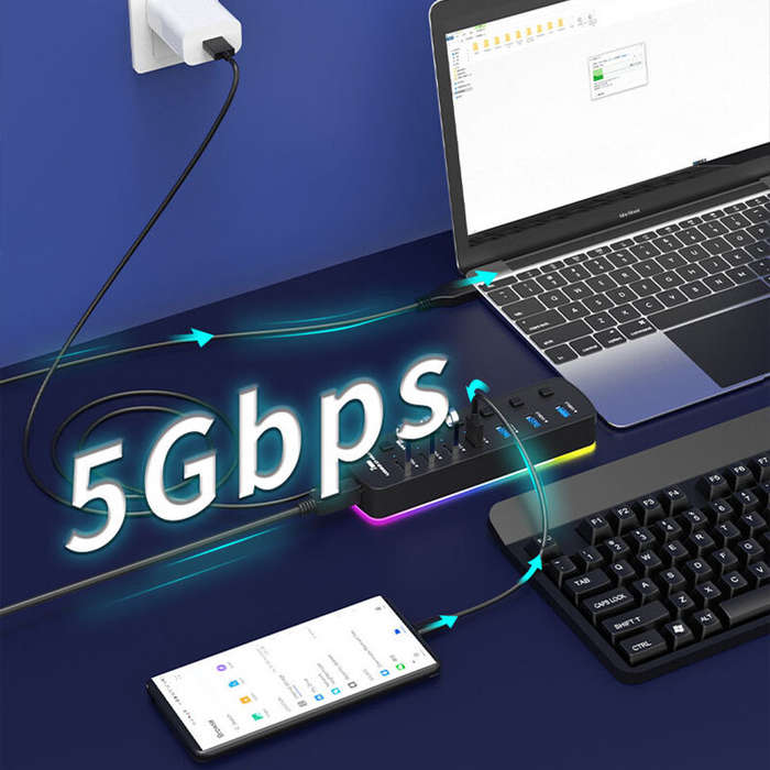 Black - 7 in 1 RGB USB3.0 Hub Docking Station with 5Gbps USB3.0*7 Multiports Splitter Adapter with I
