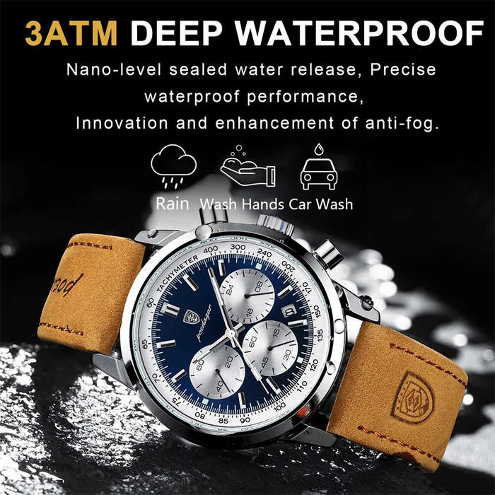 Blue - POEDAGAR Men's Luminous Waterproof Quartz Watch Fashion Comfortable Leather Multi-function Bu