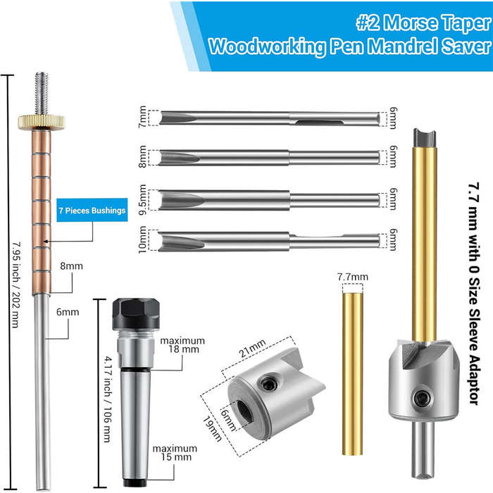 #2 - Woodworking Pen Mandrel Saver Pen Making Kit #2 Morse Taper Shank with 7mm Drill Bit Mill Cutte