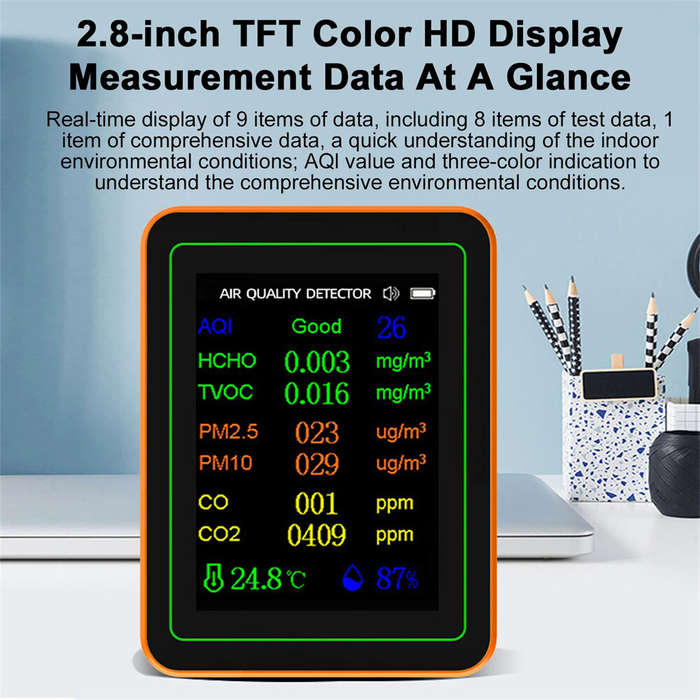 White - 10 in 1 Air Quality Monitor PM2.5 PM10 CO CO2 TVOC HCHO AQI Temperature Humidity & Curve Vie