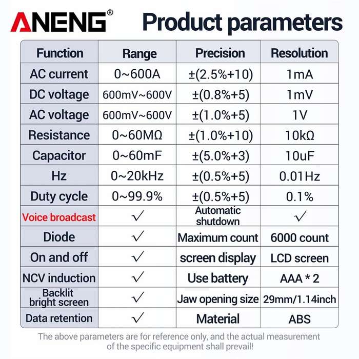 ANENG PN104 Clamp Meter AC Current Voice Broadcast Multimeter AC DC Voltage Tester Car Amp Hz Capaci