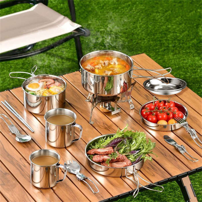 Sliver - IPRee Stainless Steel 8Pcs Cookware Set for Camping Camping Pot and Pan Set with Cups Outdo