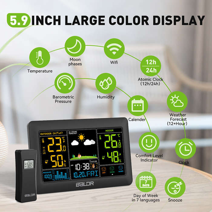 Black - BALDR 5.9 Inch Color Screen Backlit Weather Forecast Clock Backlight Large Screen Weather St