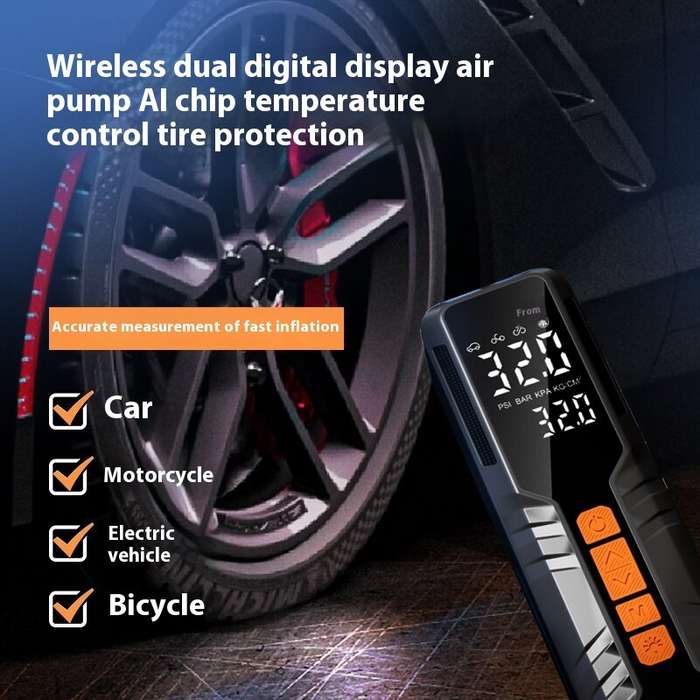 Black - 150Psi Portable Smart Electric Air Pump Power Bank Preset Tire Pressure 6000mAh Cordless Dua