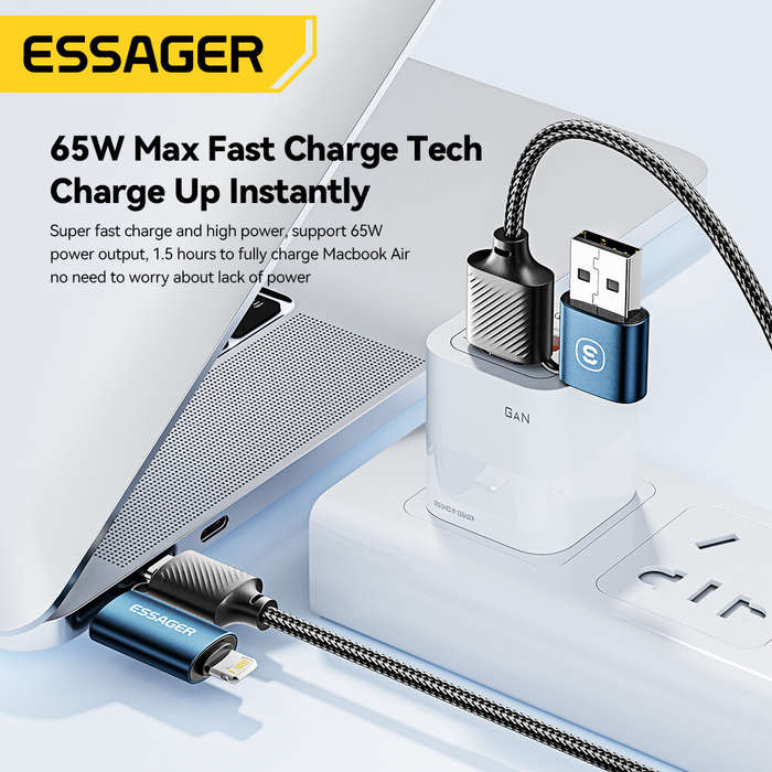 Black - ESSAGER ES-X49 3A 65W USB-A/Type-C to Type-C/iP Cable Fast Charging Data Transmission Copper