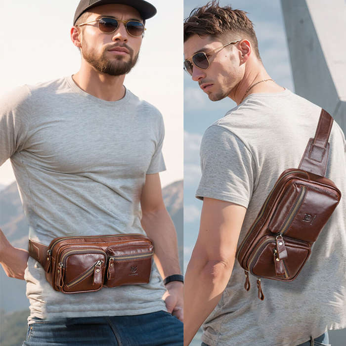 Black - BULLCAPTAIN Men's Genuine Leather Waist Bag Large Capacity Chest Bag Outdoor Sports Zipper F