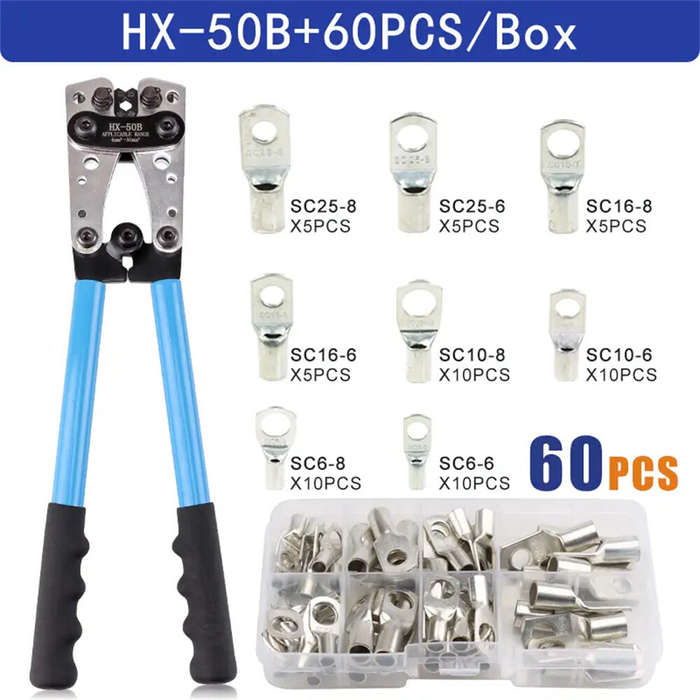 1 Set Battery Cable Copper Lug Crimping Tool HX-50B 10-1 AWG With 60Pcs Copper Ring Terminals 8 Size