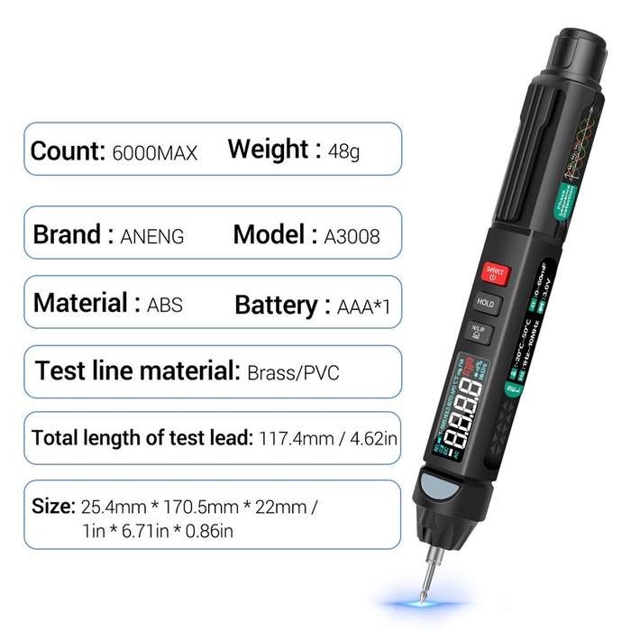 ANENG A3008 Digital Multimeter Auto Intelligent Sensor Pen Tester 6000 Counts Non-contact Voltage Me