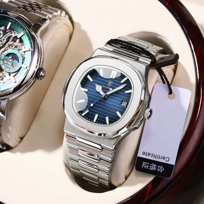 Blue - POEDAGAR Classic Business Men Watch Waterproof Luminous Date Quartz Watch Fashion Steel Strap