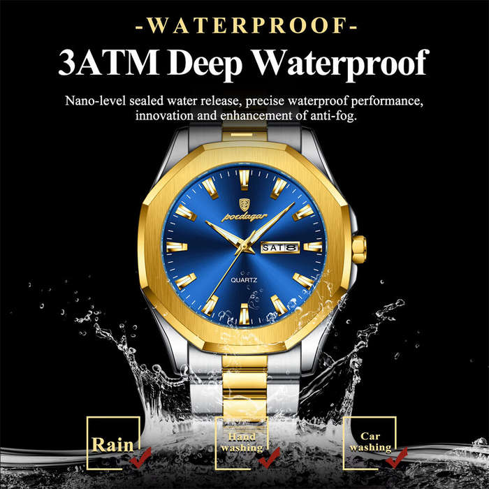 Blue - POEDAGAR Fashion Waterproof Business Quartz Watch Calendar Week Luminous Stainless Steel Stra