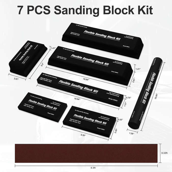 Black - 7pcs Sanding Block Kit EVA Foam Wet Dry Sandpaper for Woodworking Automotive Car Bodywork