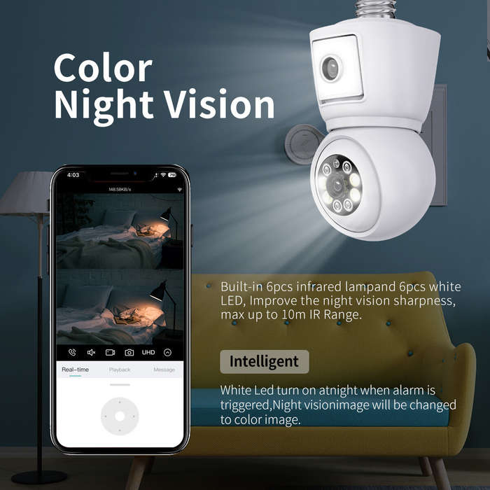 ESCAM QF202 E27 2MP+2MP WiFi PTZ Camera Dual Lens Wireless Surveillcance Camera with Color Night Vis