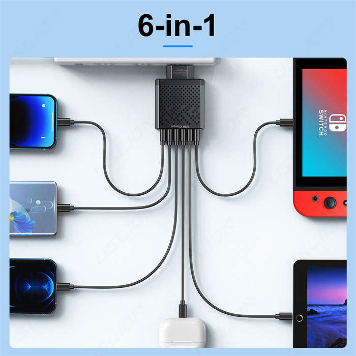 Black - 5V3A 6-Port USB Charger 6USB-A QC3.0 Fast Charging Wall Charger Adapter EU Plug for iPhone 1