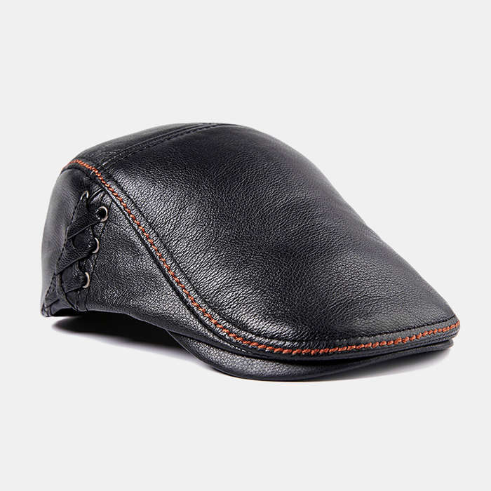 Mens Winter Warm Adjustable Genuine Leather Beret Caps Windproof Outdoor Top Layer Leather Trucker C