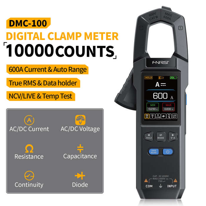 #B - FNIRSI DMC-100 DC AC 600A Current Clamp Meter 10000 Counts Digital Multimeter USB Charger Amper