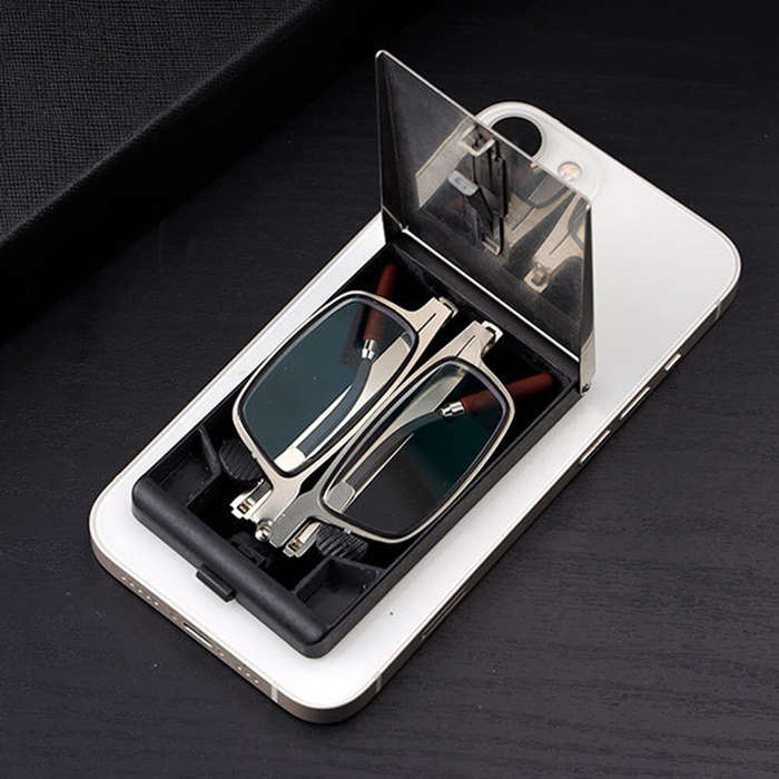 +300 - 2 in 1 Portable Folding Reading Glasses with Metal Glasses Case Mobile Phone Holder HD Anti-F