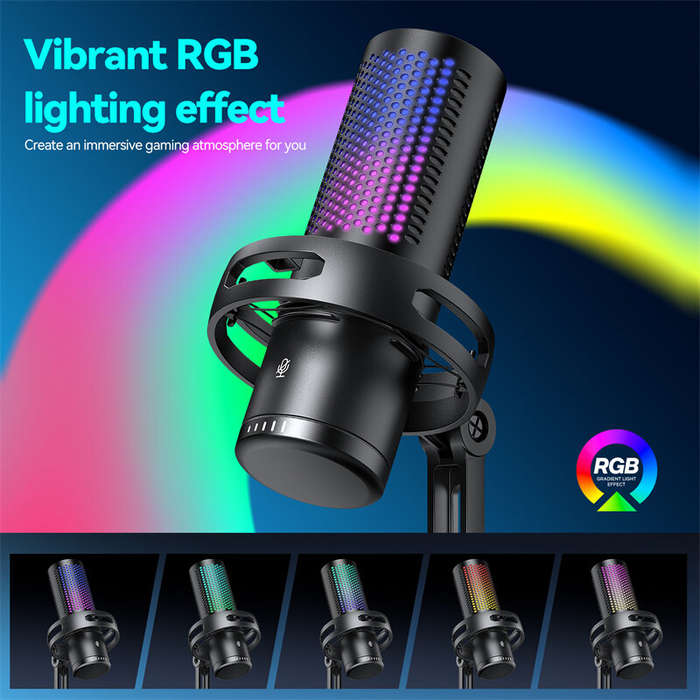 Black - Yanmai GM7 Wired Condenser Microphone Computer Microphone RGB Light Intelligent Noise Cancel