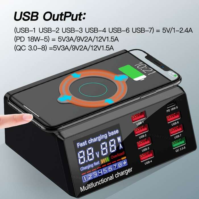 EU Plug - Bakeey 100W 8-Port USB PD Charger PD3.0 QC3.0 Desktop Charging Station Smart Charger 10W W