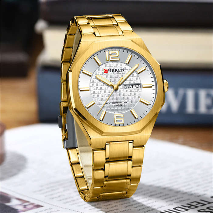Blue - CURREN Men's Stainless Steel Quartz Watch Waterproof Calendar Business Casual Wristwatch Fash