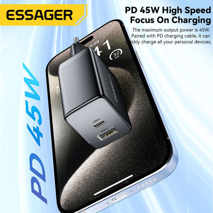 White - [GaN Tech] ESSAGER ES-CD40 45W 2-Port USB PD Charger USB-A+USB-C PD3.0 QC4.0 PPS FCP AFC App