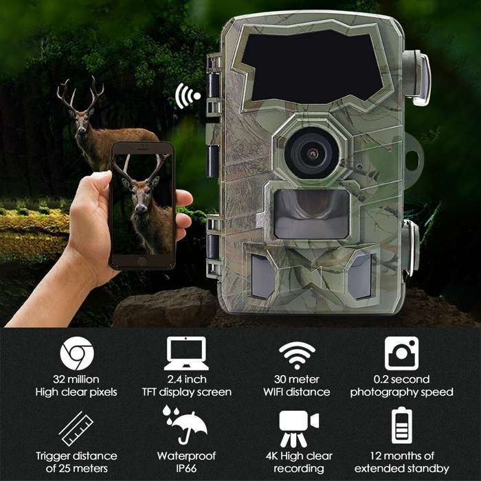 HC888 WIFI Wildlife Trail Hunting Camera 32MP Pixels 4K HD Video Recording IP66 Waterproof 30m Night