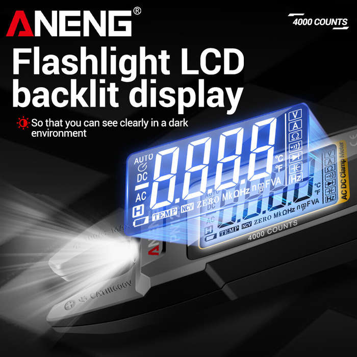 Black - ANENG PN129 Digital Clamp Meter 600V 100A Multimeter with LCD Backlit Display Flashlight Aut
