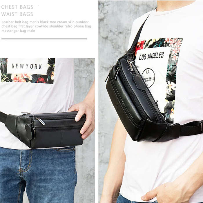 Black - Ekphero Men's Genuine Leather Waist Bag Sports Belt Pouch Business Casual Crossbody Bag Outd