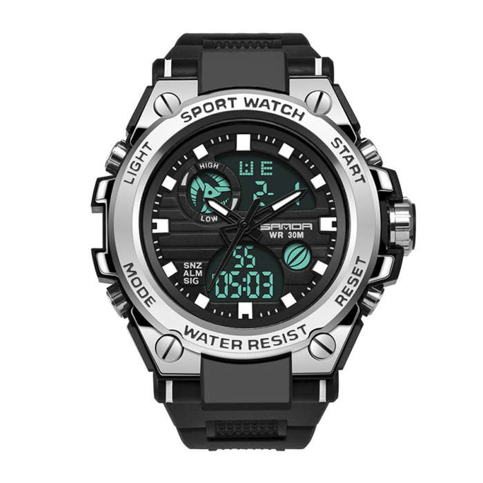 Black/Silver - SANDA Men's Sport Dual Display Watch Outdoor Waterproof Luminous Date Week Multifunct