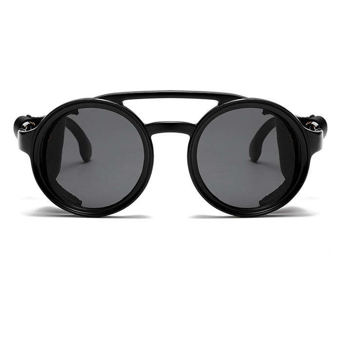 Black - Fashion Punk Retro Polarized Round Sunglasses with Leather Strap Accents UV400 Protection Ey