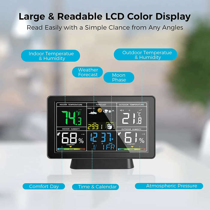 US Plug - AGSIVO Weather Station Alarm Clock Wireless Indoor Outdoor Thermometer with Atomic Clock /