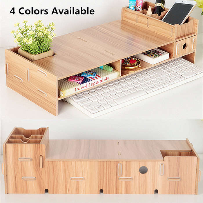 Black - Wooden Monitor Bracket Stand Desktop Storage Shelf Laptop Stand Computer Screen Rack Desk PC