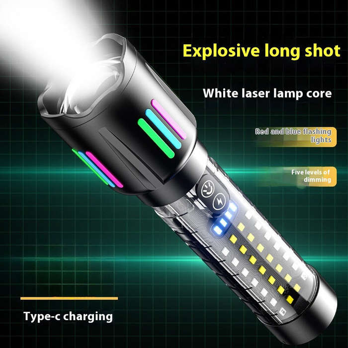 Black - Longe Range Telescopic Zoom Whtie Spotlight LED Flashlight with Bright COB Floodlight Type-C