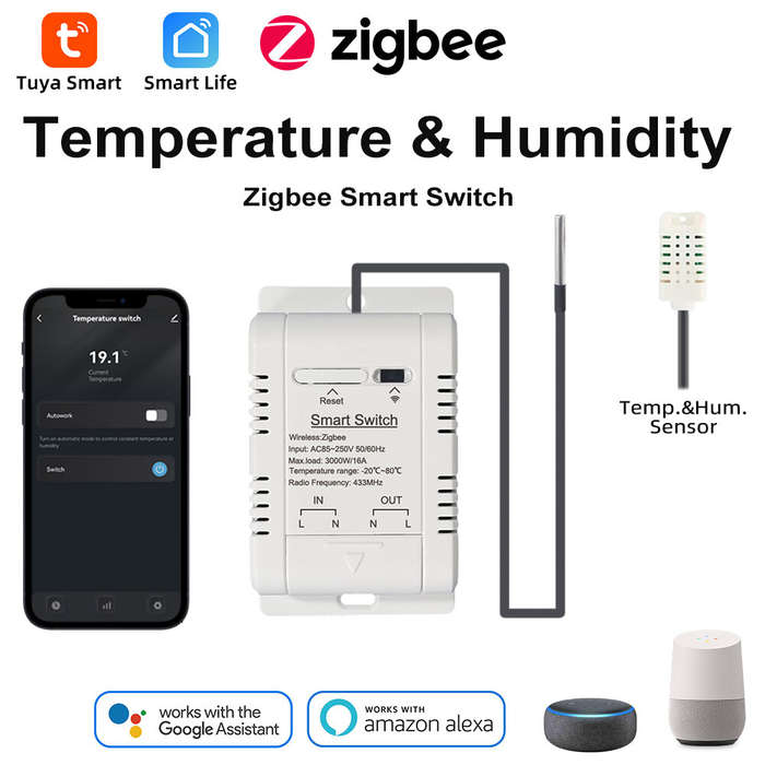 with 1M Temperature Sensor Cable - Tuya Zigbe Temperature Humidity Smart Switch 16A 3000W APP Remote