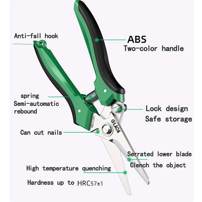 Green - Multifunctional Serrated Stainless Steel Electrician's Scissors 200mm ABS Handles Labor-Savi