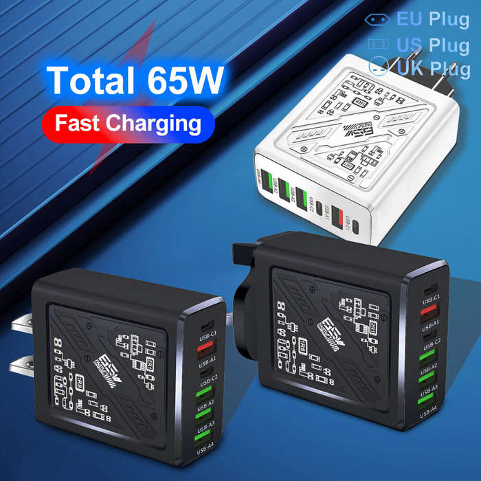 Black - LYK-880 65W 6-Port USB PD Charger 4USB-A+2USB-C PD Fast Charging Wall Charger Adapter EU Plu
