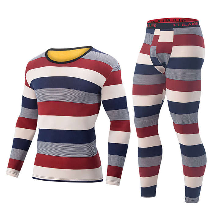 L - TENGOO 2 Pcs Men's Striped Thermal Underwear, Compression Thermal Base Layer Set, Comfy Moisture