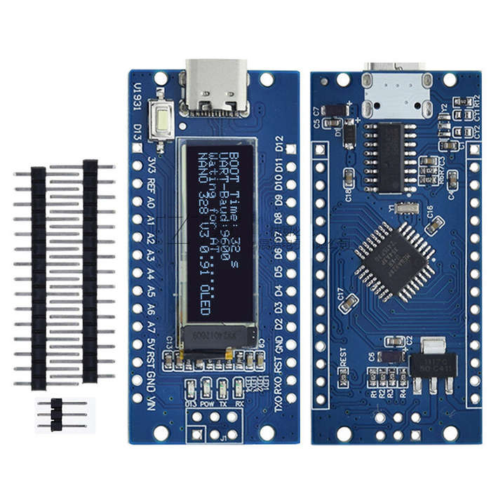 Blue - NanoV3.0 ATmega328P Development Board CH340C 0.91 Inch OLED Display 6-12V Power Supply Multip