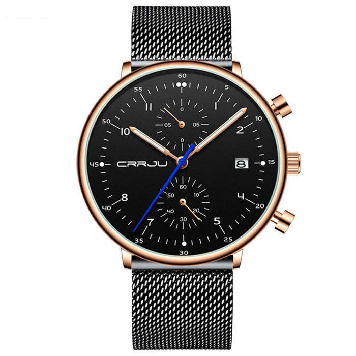 Black - CRRJU Men's Watches Luxury Fashion Large Dial Watches Stainless Steel Quartz Watch Waterproo