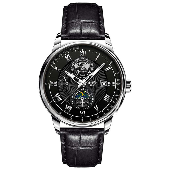 Brown - AIYISHI Men Business Luxury Quartz Watch Luminous Single Date Round Dial PU Leather Strap Wa